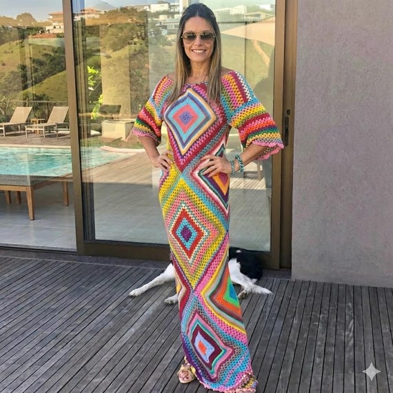Bohemian Rainbow Crochet Maxi Dress, Handmade Cotton Granny Square Gown