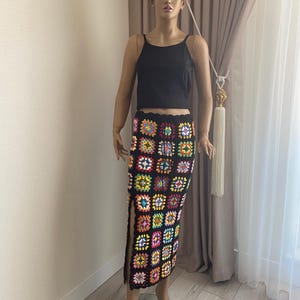 Granny square boho skirt, granny square long skirt, colorful granny square crochet skirt, handmade boho maxi skirt with side slit