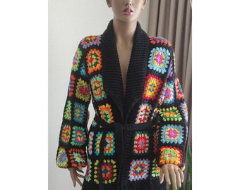 Granny Square Crochet Cardigan: Multicolor Boho Cotton Jacket