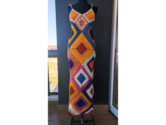 Granny Square Maxi Dress- Afghan Crochet Dress-granny Square Dress