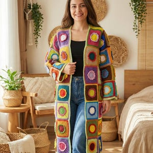 Cárdigan de crochet con patchwork floral, abrigo de algodón con cuadros de abuela, chaqueta bohemia