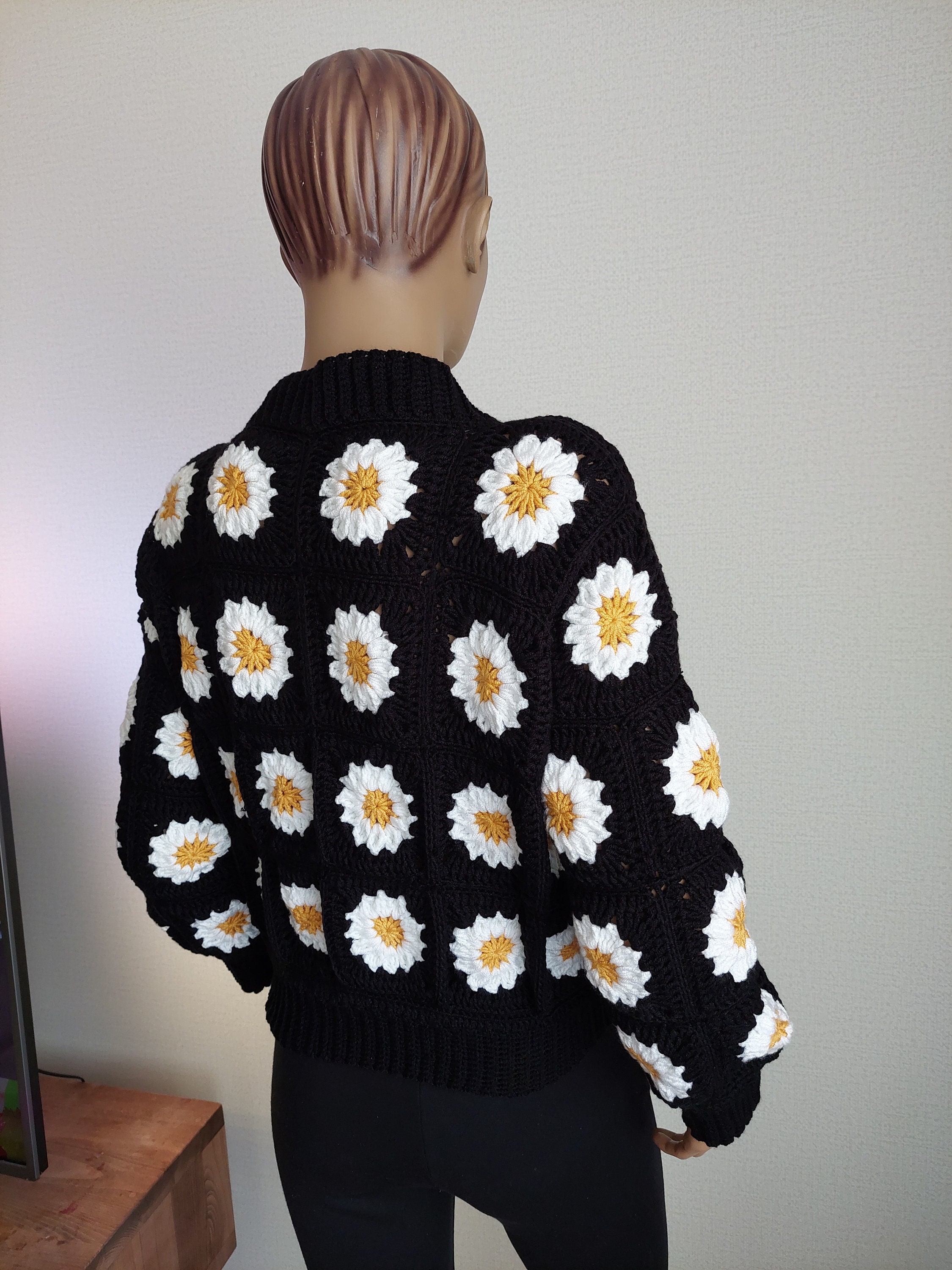 Daisy Crochet Granny Square Cardigan, Handmade Chunky Sweater (S