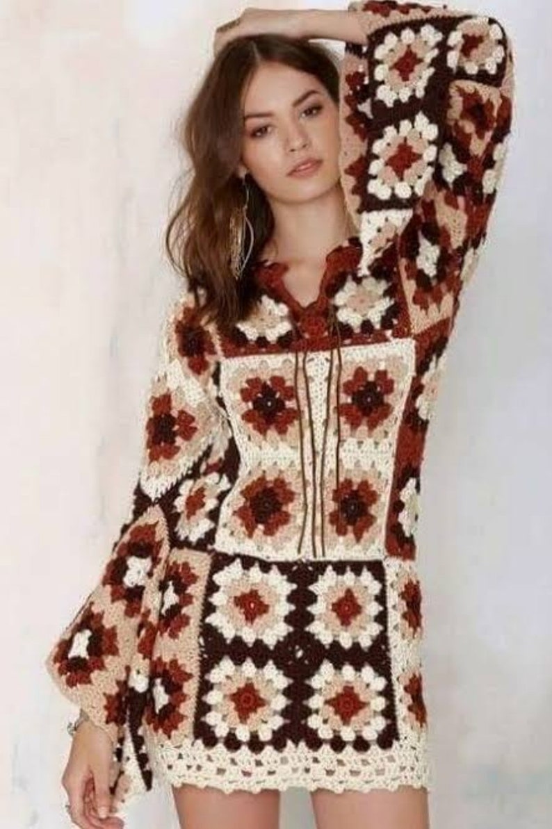 Bell Sleeve Dress, Bell Sleeve Crochet Dress, Granny Square Dress
