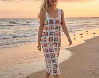 Handmade Granny Square Crochet Dress, Boho Sleeveless Knit Beachwear