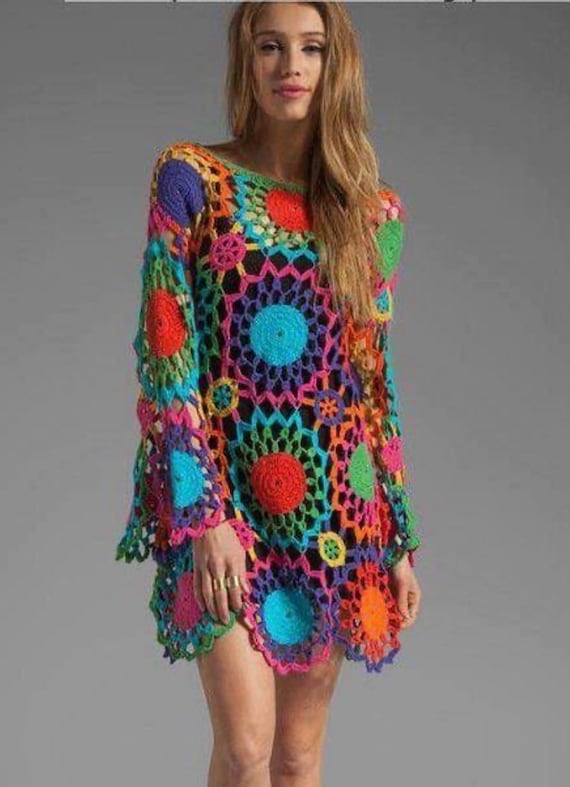 ワンピース水着 Ethnic Crochet Mini Dress Multicolor Crochet Mini Dress | Resort Wear | Knit Dress