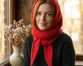Handmade Red Knit Hooded Scarf, Wool Blend Balaclava