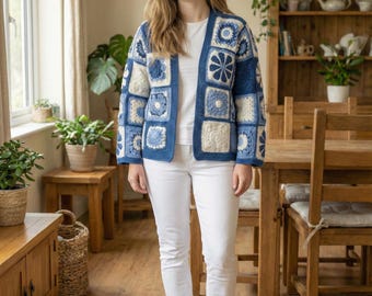Blue & White Crochet Grandma Square Cardigan - Handgefertigte Blumenstrickjacke