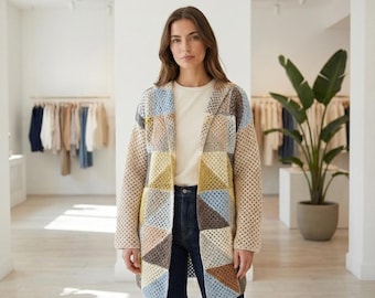 Handgemachte Häkeljacke, Baumwolle & schimmerndes Garn, Boho Geometrische Patchwork Jacke, Leichte Oversize Häkeljacke