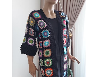 Cardigan quadrato della nonna all'uncinetto, patchwork in misto cotone, regalo per la festa della mamma