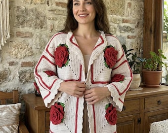 Summer Rose , Red Rose ,rose Embroidered Knit Cardigan , Woman