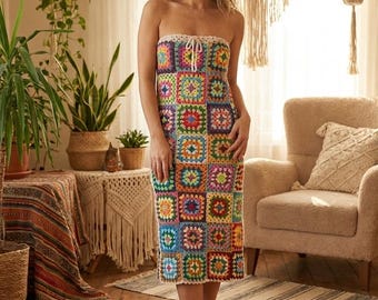 Ręcznie robiona na szydełku sukienka-tuba w stylu babci, styl retro boho z lat 70.