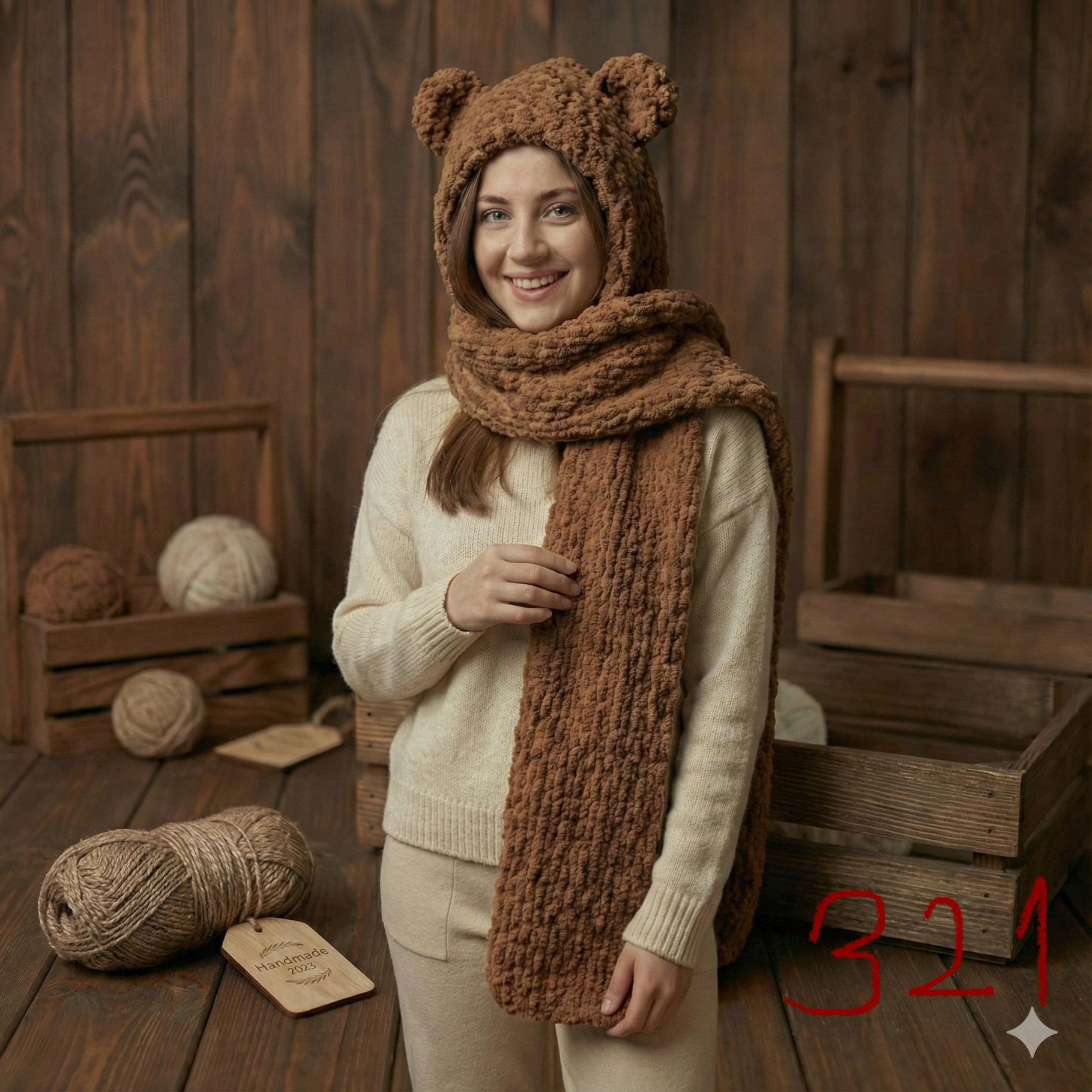 Unbranded Bear Ear Balaclava Hood Adult One Size Oatmeal Fleck Chunky Knit Snood Crochet Bear Balaclava With Ears: Hand-knit Winter Ski Mask  main image 4