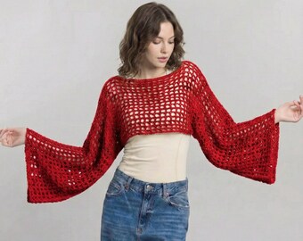 Crochet Bolero Shrug with Bell Sleeves - Handmade Open Knit Crop Top