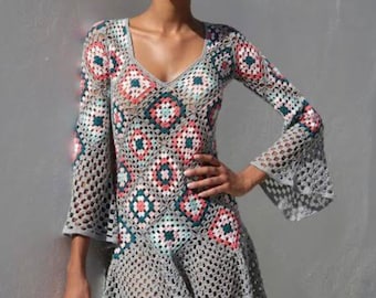 Granny square dress, bohemian crochet dress, summer beach cover up, granny square beach dress