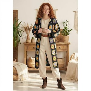 Handmade Hooded Granny Square Cardigan, Boho Patchwork Crochet Coat, Long Colorful Floral Jacket
