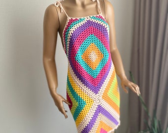 Boho Granny Square Crochet Mini Dress: Multicolor Cotton Knit