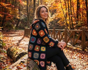 Hooded Granny Square Jacket, Crochet  patchwork cardigan, colorful boho sweater, Handmade Cotton Coat