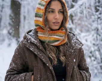 Hand-Knitted Wool Balaclava Scarf, Earth Tone Striped Hood