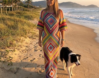 Vestido largo bohemio de crochet, vestido cuadrado de abuela colorido, largo personalizado