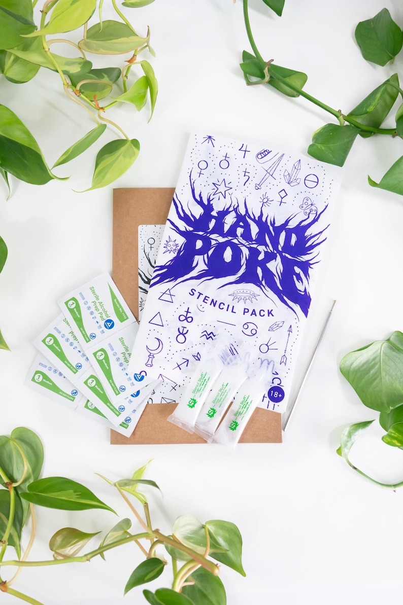 May include: A stencil pack with a blue and white design, accompanied by sterile alcohol prep pads and applicators. The pack includes the text "HAND POKE STENCIL PACK" and various symbols. Green and white packaging is visible.