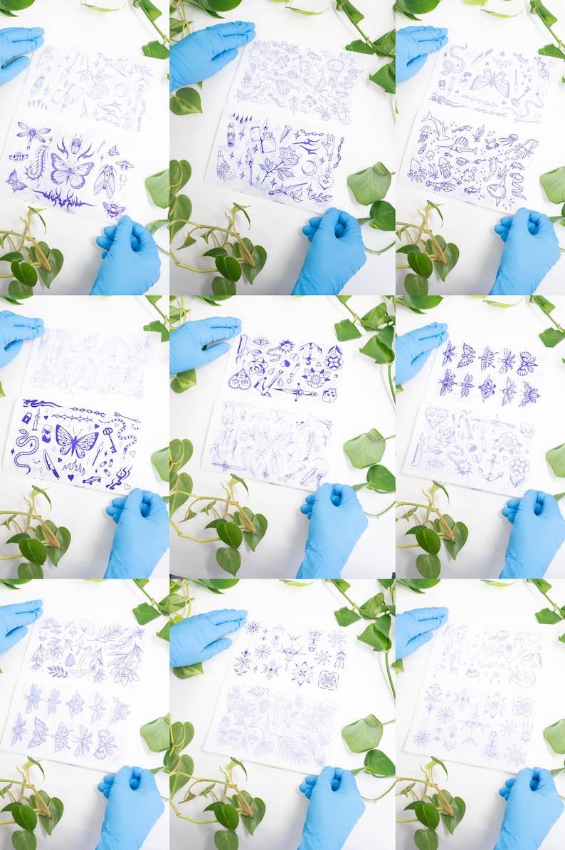 May include: A collection of twelve images featuring blue-ink illustrations on white paper. Each image showcases a different design, including butterflies, flowers, and other decorative elements. The images are arranged in a grid, with a hand in a blue glove holding each one.