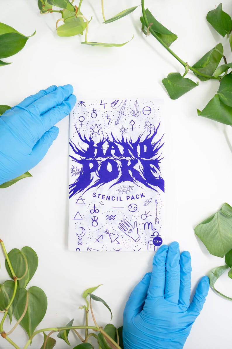 May include: A white stencil pack with blue text and illustrations, including the words "HAND POKE" in a stylized font. The pack features various symbols and is surrounded by green plants and blue gloved hands.