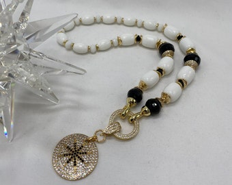 Black and white agate beaded round neck necklace with detachable zircon studded pendant, 18 kt gold plated, Christmas gift idea