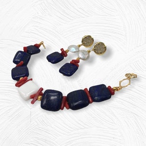 Jewelery set of bracelet and earrings with square lapis lazuli beads, red coral and keshi pearls, summer jewelery set, gift idea image 9
