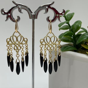 Chandelier earrings with black Bohemian glass fringes, gold plated, hypoallergenic, handmade jewelry, perfect gift in unique design