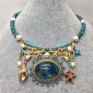 Handcrafted Chalcedony Choker Necklace with Multiple Nautical Style Pendants