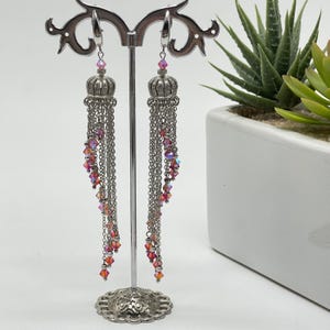 Pendientes colgantes extralargos con flecos de cadena y cristales Swarovski, joyería artesanal con diseño único, regalo para un ser querido