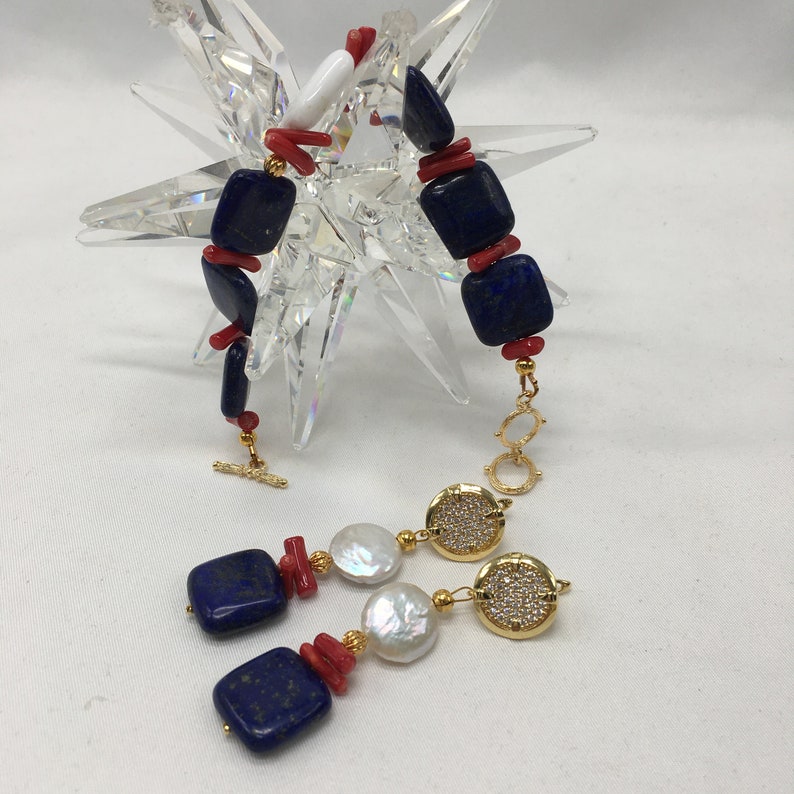 Jewelery set of bracelet and earrings with square lapis lazuli beads, red coral and keshi pearls, summer jewelery set, gift idea image 4