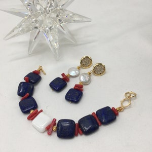 Jewelery set of bracelet and earrings with square lapis lazuli beads, red coral and keshi pearls, summer jewelery set, gift idea image 3