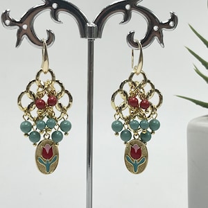 Long Drop Earrings for Women, Enamel Earrings, Swarovski Crystal Earrings, 14kt Gold Plated Earrings, Hypoallergenic Earrings