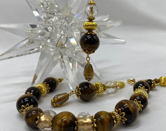 Schmuckset Armband und Ohrringe Tigerauge Hartstein, Lampwork-Perlen, handgefertigter Modeschmuck, Geschenk zum 30. Geburtstag für sie