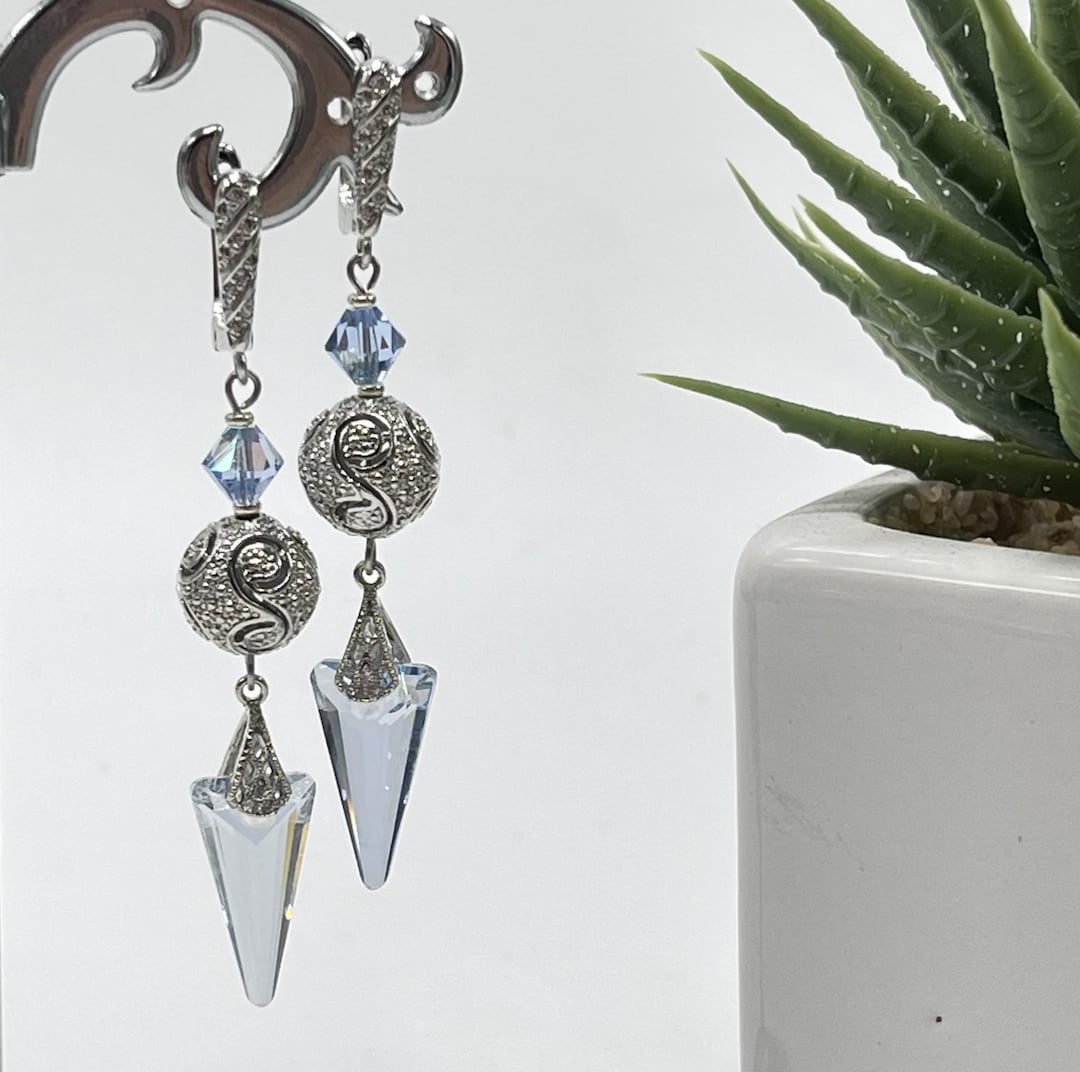 Long Drop Earrings With Swarovski Crystal Spike Blue Shade