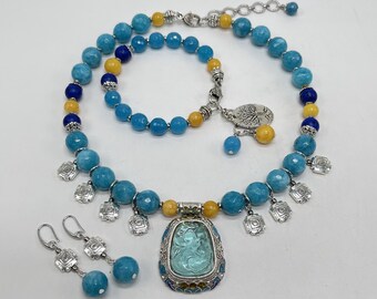 Conjunto de joyería de 3 piezas con piedra calcedonia azul, colgante con esmalte y cristal aguamarina, joyería única de diseño