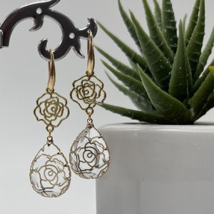 18kt gold plated drop earrings with rose flower and crystals, handmade jewellery, trendy earrings, Christmas gift