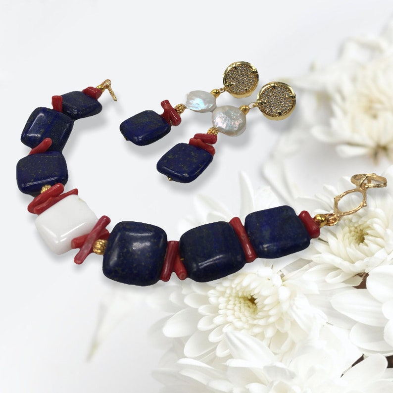 Jewelery set of bracelet and earrings with square lapis lazuli beads, red coral and keshi pearls, summer jewelery set, gift idea image 1