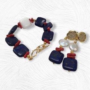 Jewelery set of bracelet and earrings with square lapis lazuli beads, red coral and keshi pearls, summer jewelery set, gift idea image 2