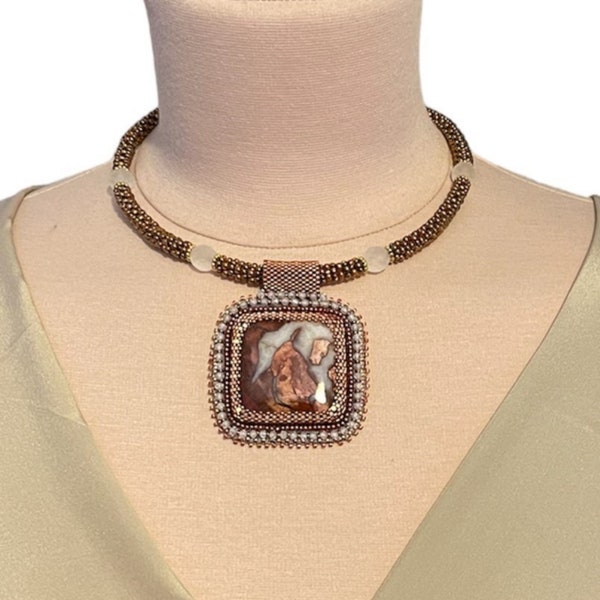 Collana corta di perline, choker fatto a mano, girocollo con grande pendente quadrato in pietra Agata, regalo di trent'anni, boho choker