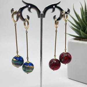 Murano Glass ball earrings, long pendants with 14 mm artistic glass beads, handcrafted earrings, lampwork, perfect gift for her