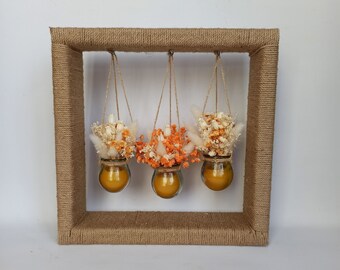 Boho Home Decor - Glass jars with dried flowers and beeswax on the wooden stand wrapped with jute rope - Size L