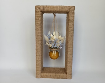 Boho Home Decor - Glass jars with dried flowers and beeswax on the wooden stand wrapped with jute rope - Size S