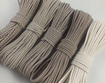 Braided Cotton Cord 5 mm (0.2") with Cotton Filler for Sewing - Cappuccino and Ivory