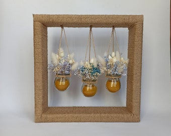 Boho Home Decor - Glass jars with dried flowers and beeswax on the wooden stand wrapped with jute rope - Size L
