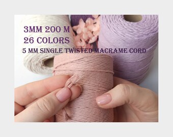 May include: Three spools of 5 mm single twisted macrame cord. The cord is available in white, pink, and lavender. The text on the image reads "3 mm 200 m 26 colors 5 mm single twisted macrame cord".