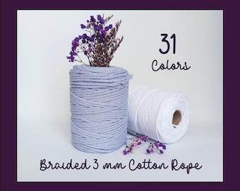 3 mm (0.1") Braided Macrame Cord 100m (328 ft) - 31 colors - 100% Cotton Yarn, Braided cotton cord