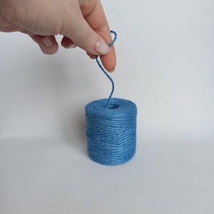 Op de afbeelding: Een spoel blauw touw. Het touw is helderblauw en strak gewikkeld rond een cilindrische kern. Een lus van het touw wordt door een hand omhoog gehouden, wat suggereert dat het wordt gebruikt voor knutselen of verpakken.