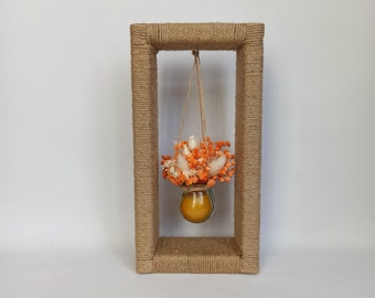 Boho Home Decor - Glass jars with dried flowers and beeswax on the wooden stand wrapped with jute rope - Size S